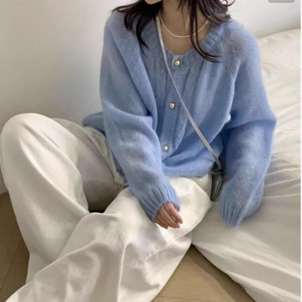 Round Neck Cable Knit Thin Sweater Women Loose Slimming Elegant  Style Cardigan